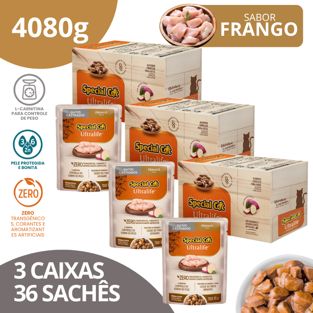 Kit 3 Caixa 12 Sachê Special Cat Ultralife Castrados Sabor Frango - 85g em Oferta na Shopee