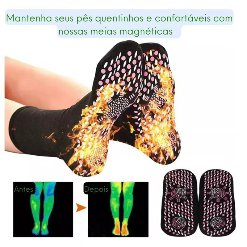 Kit 2 Pares Meias Magnéticas com Turmalina Autoaquecimento Terapia Dores Diabetes Reumatismo Circulação Sangue