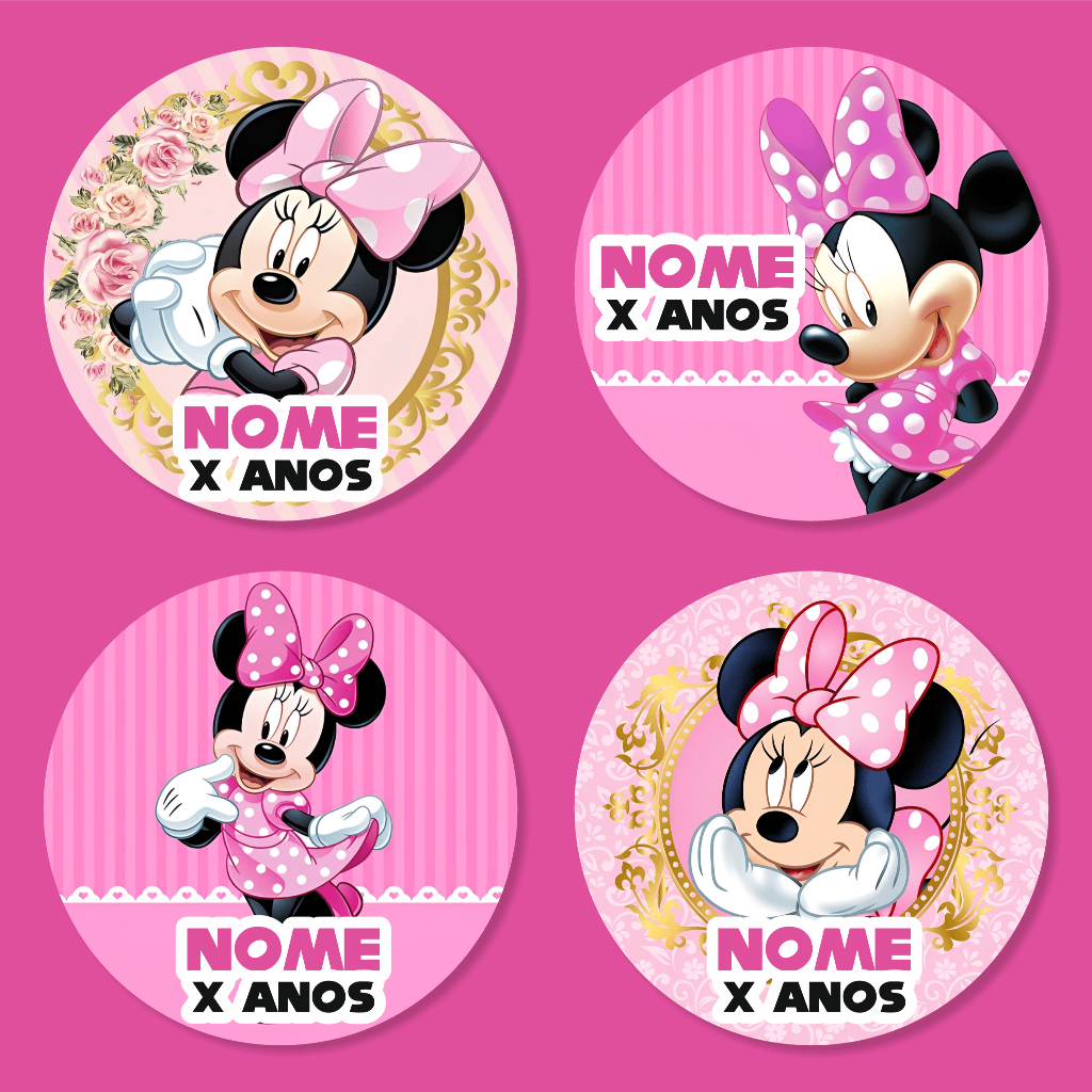 Adesivo Redondo Minnie Rosa 5x5cm – Festa Infantil, Lembrancinha, Personagem