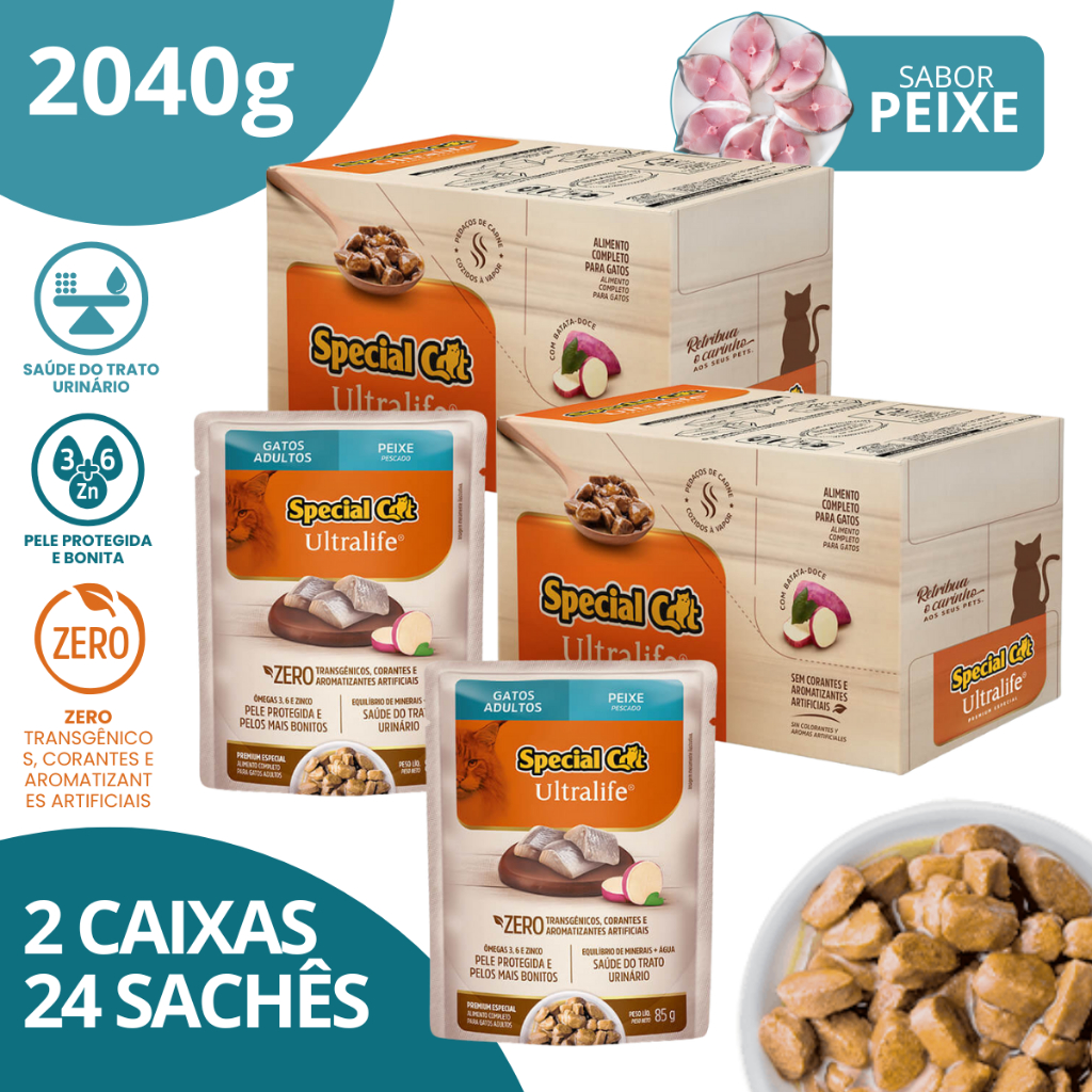 Kit 2 Caixa 12 Special Cat Ultralife Sachê Adultos Sabor Peixe - 85g em Oferta na Shopee