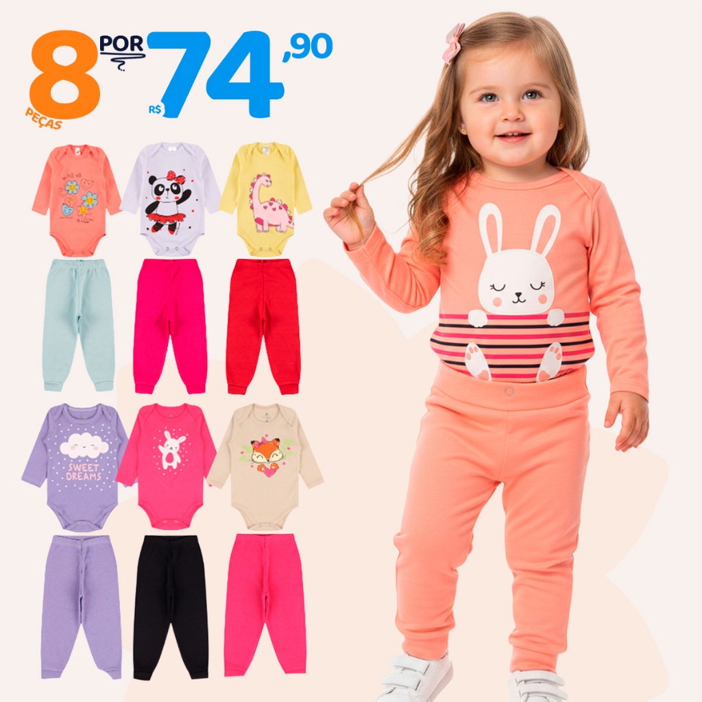 Kit 8 Peças de Roupas para Bebê Menina (4 Body Longo + 4 Calça Mijão)Kit 4 Conjuntos Calça e Body Roupa Infantil Bebê em Oferta na Shopee
