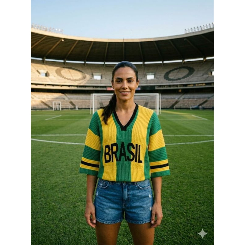 Blusa tricot feminina Brasil verão/inverno decote V temática copa.