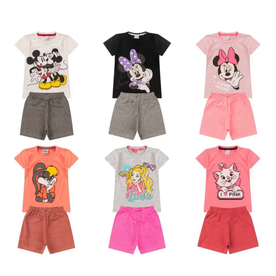 Kit 2/4/6/8/10 peças de roupas feminino infantil menina são camisas e bermudas camisa com estampa e shorts moletinho