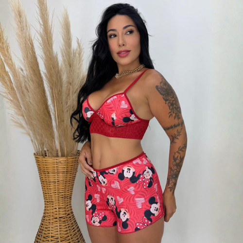 Top Doll Suede Estampado Com Renda Baby Doll Sensual Confortável