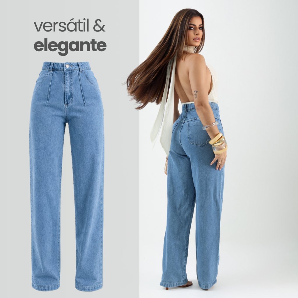 Calça Jeans Wide Leg Feminina Premium Cintura Alta Pantalona Encorpada Levanta Bumbum em Oferta na Shopee