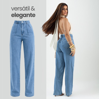 Calça Jeans Wide Leg Feminina Premium Cintura Alta Pantalona Encorpada Levanta Bumbum em Oferta na Shopee