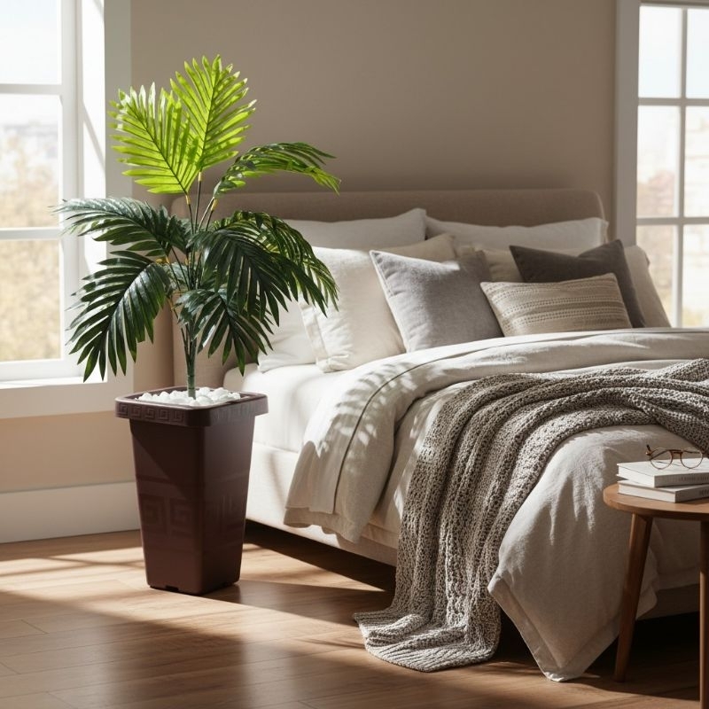 Coqueiro Planta Artificial de Decoração + Vaso Marrom e Pedrinhas Decorativas
