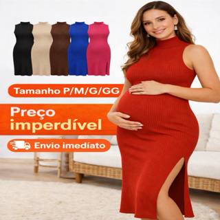 Vestido Feminino Midi Canelado Ribana Gola Alta  Para Gestantes Grávidas do P ao GG Preço Promocional Envio Imediato em Oferta na Shopee