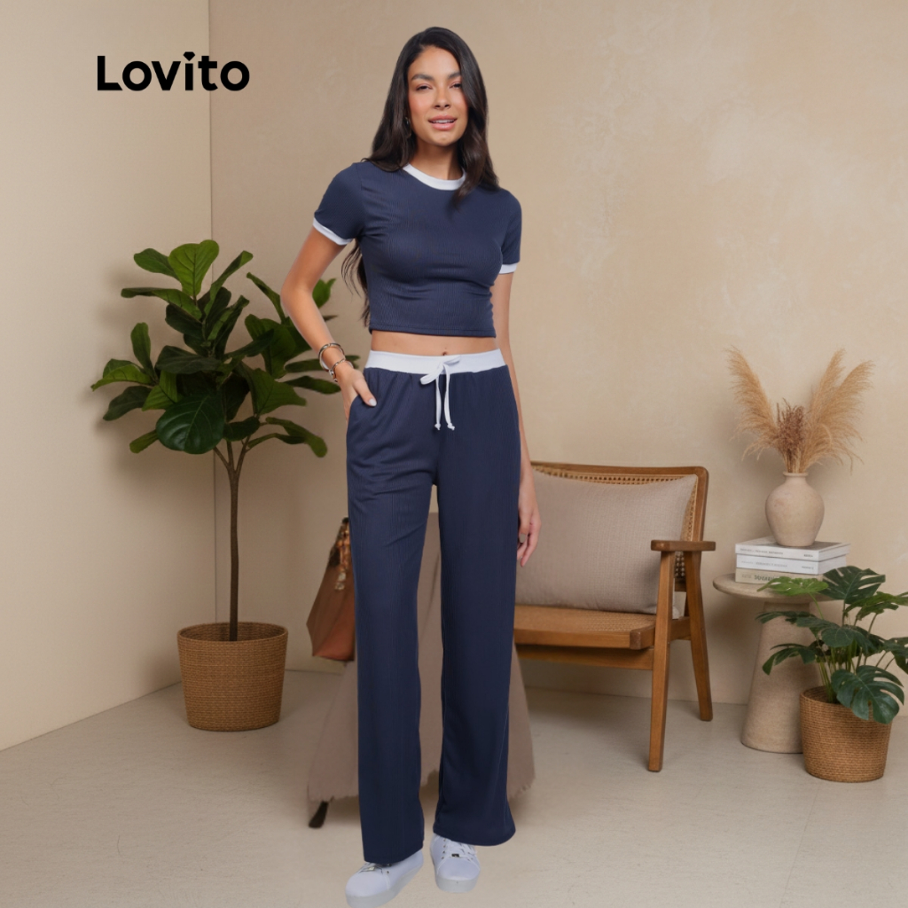Lovito Conjunto Longo Feminino Contraste Malha Marinho Moda Basica BRPSB16521682