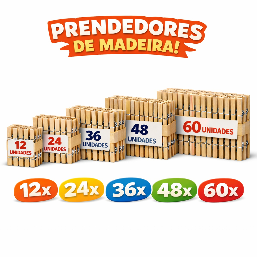 KIT Pregador de Roupa Madeira Reforçado –12/24/36/48/60 Unidades – Alta Qualidade Tamanho Gigante