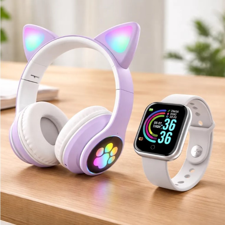 Kit Fone Gatinho Com Led + Smartwatch D20 - Presente Perfeito