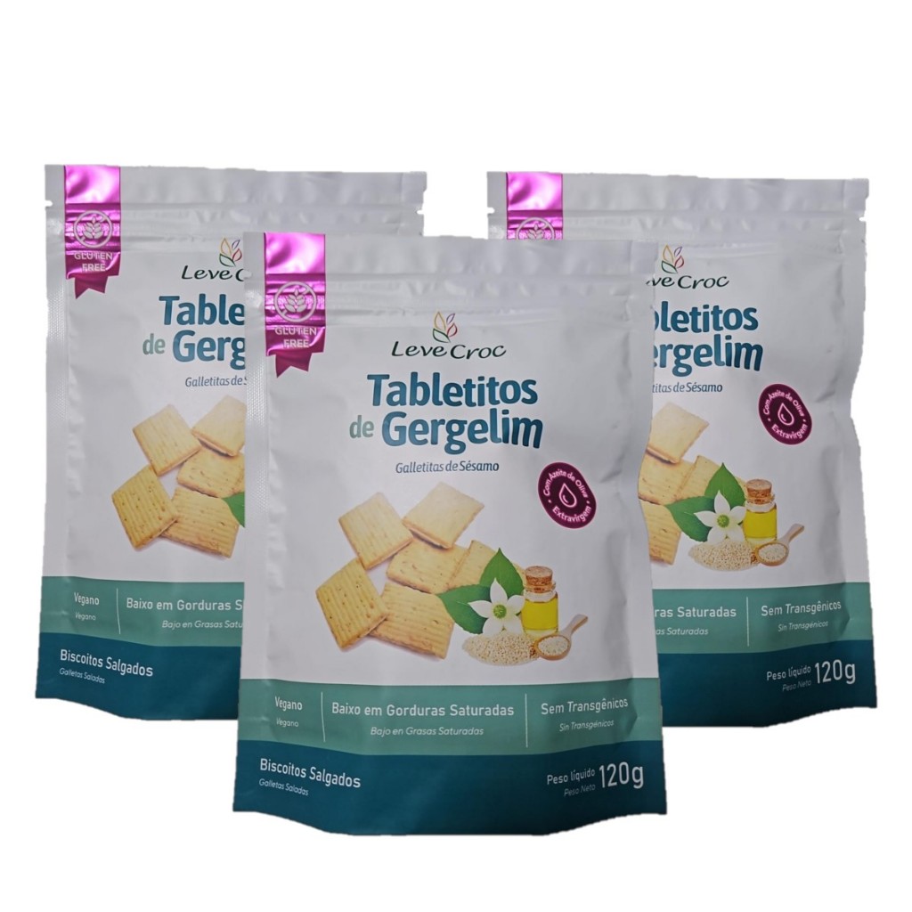 3 Biscoito Tabletitos De Gergelim Sem Glúten Leve Croc 120g