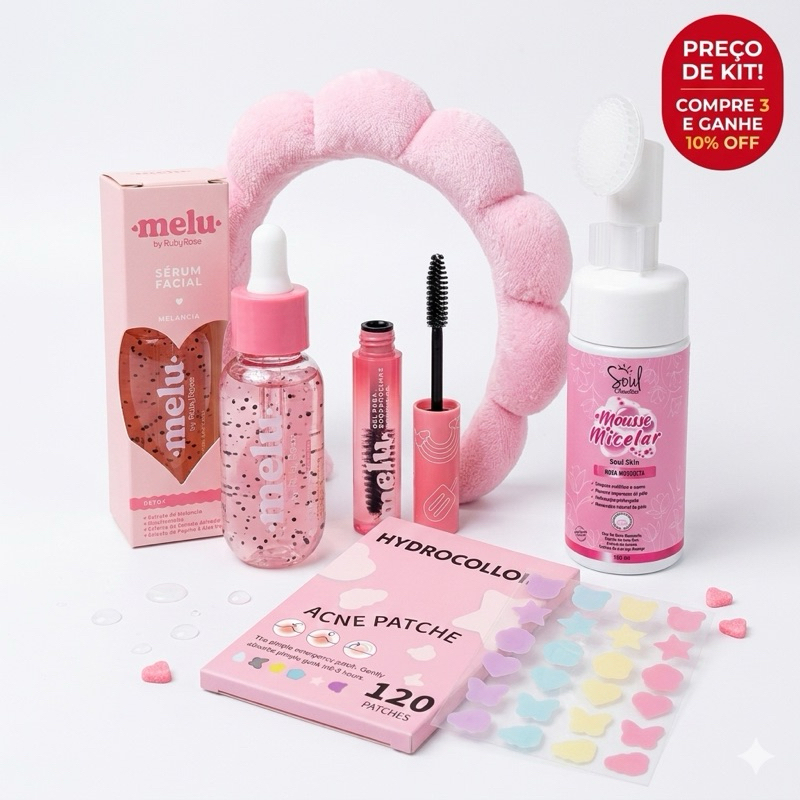 Kit Presente Feminino Barato Skincare Ruby Rose + Gel Sobrancelha + Tiara Spa
