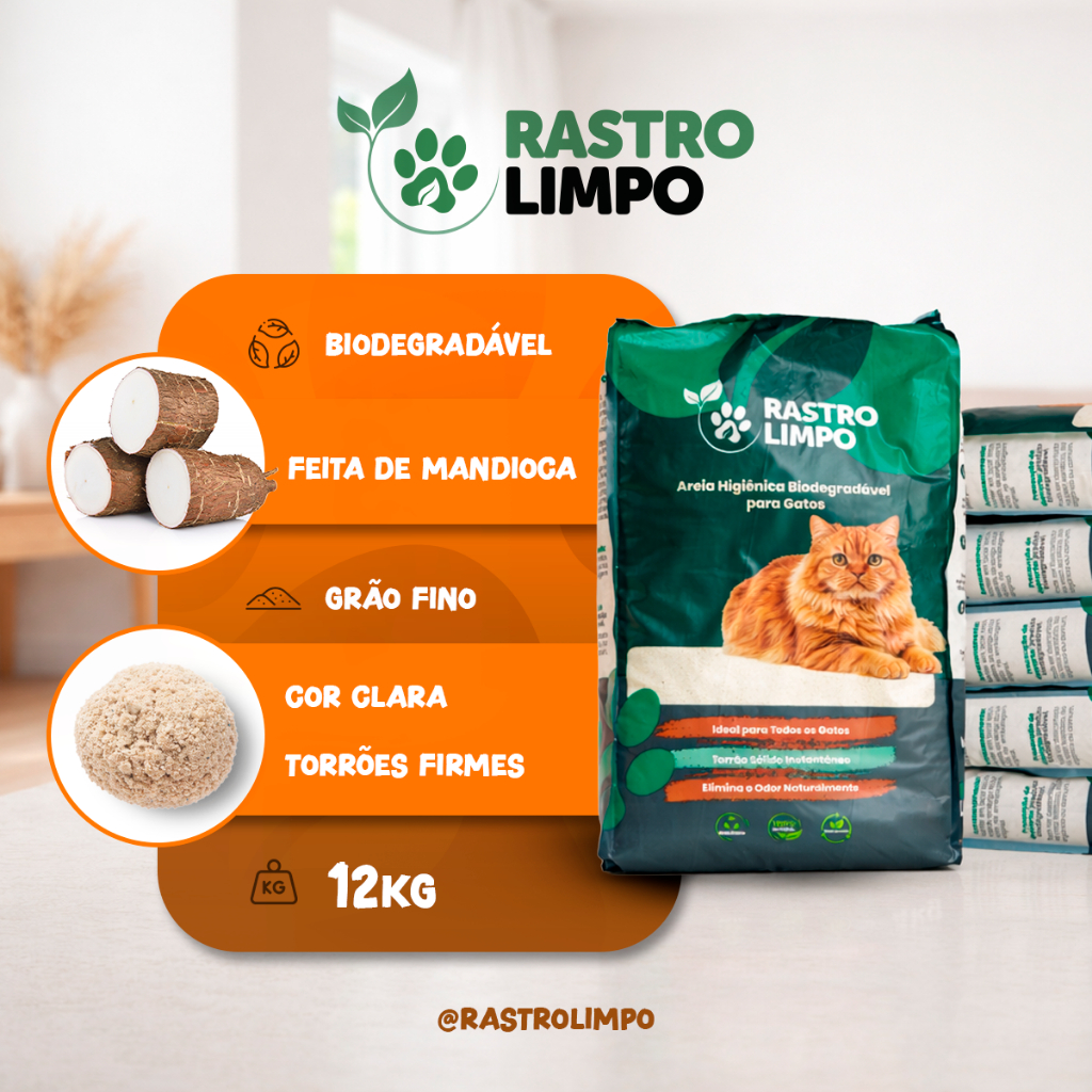 Areia 12 Kg de Gato Biodegradável Grãos Finos - Rastro Limpo Premium Torrões Firmes