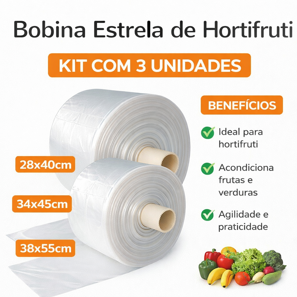 Kit 3 Bobinas P M G Sacos Plásticos Picotados Fundo Estrela Alimentos Supermercado Mercearia Fruta