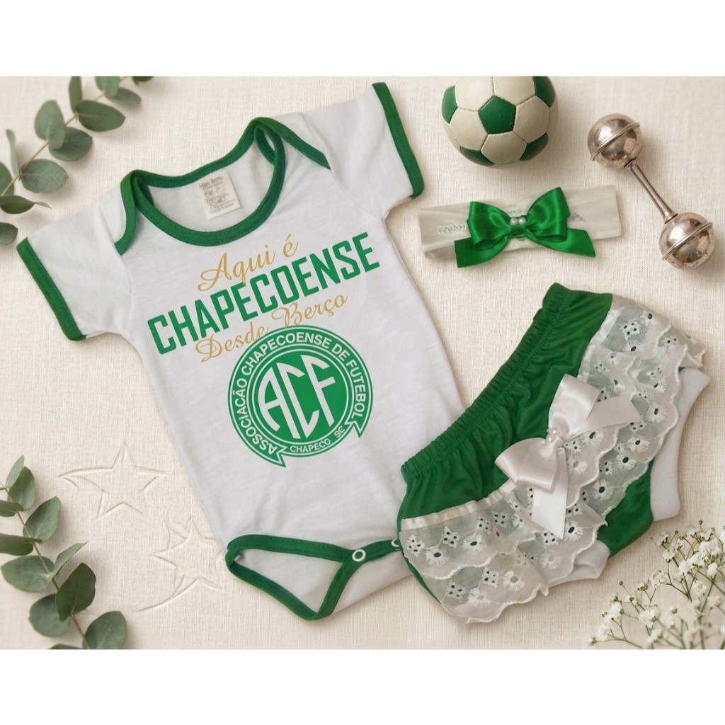 KIT INFANTIL CHAPECOENSE MENINA BEBÊ BODY SHORT PANTUFA OFERTA QUALIDADE