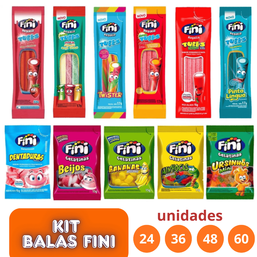 Kit Balas Fini 24 36 48 60 Pacotes Sabores Variados Balas de Gelatinas Tubes Cítricas Azedinhas 15g em Oferta na Shopee