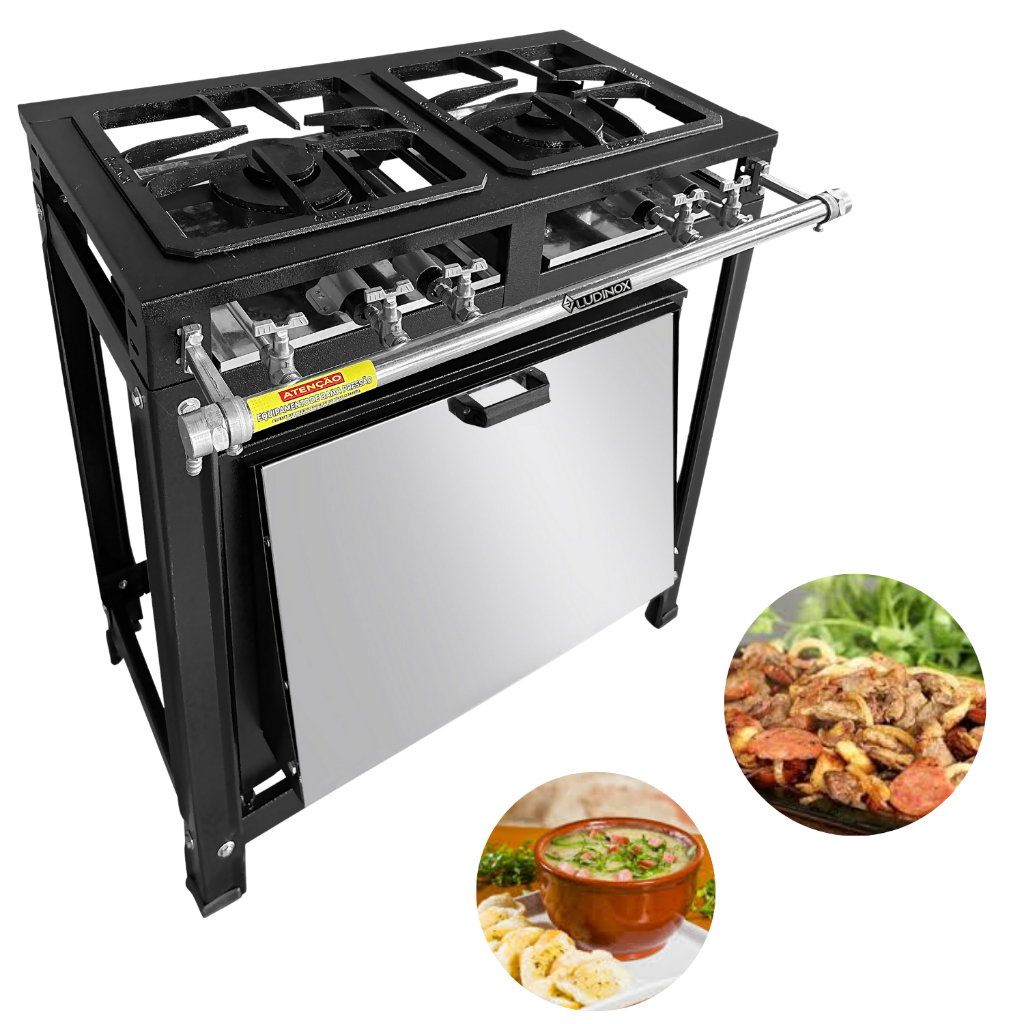 Fogão Industrial 2 Bocas Com Forno 60 L A Gás Tampa Inox