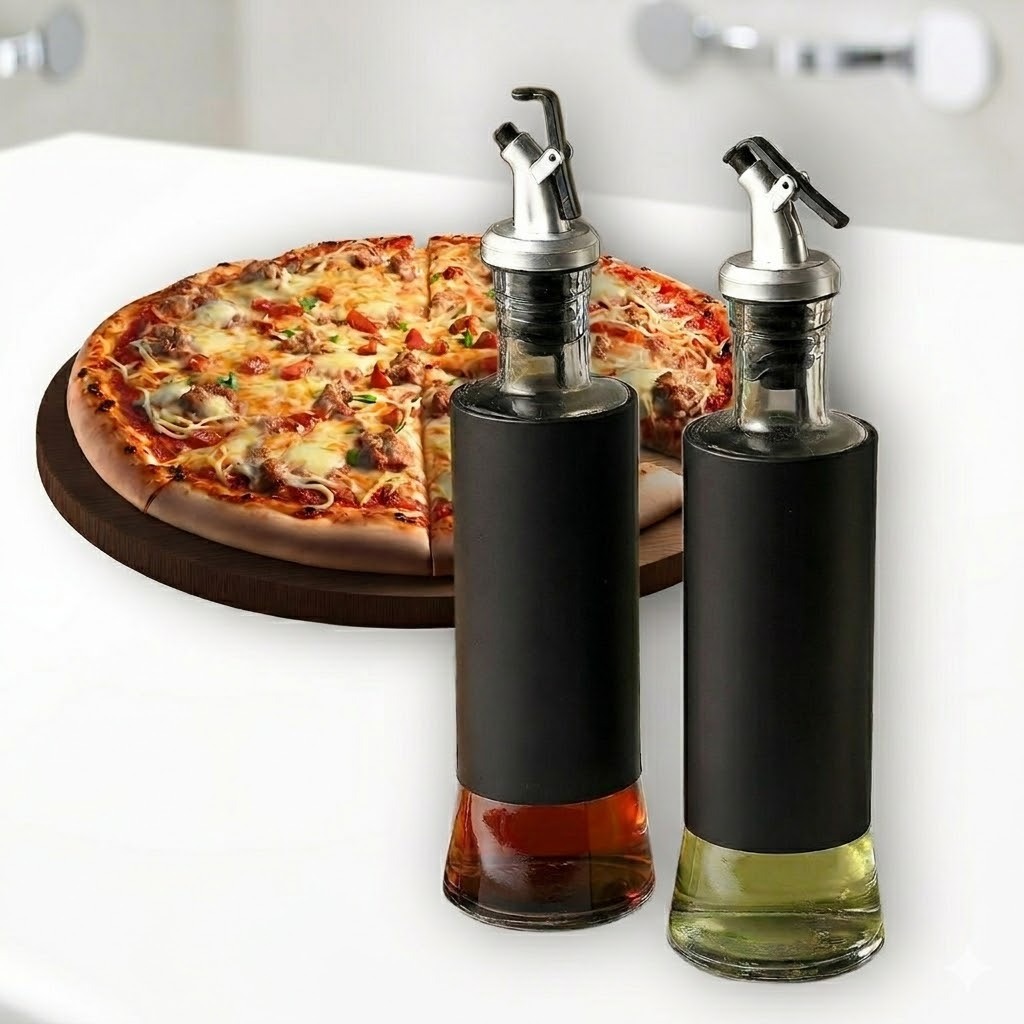 Kit 2 Galheteiros de Vidro Porta Azeite e Vinagre Vidro Premium Preto com Bico Dosador - 300/500 ml
