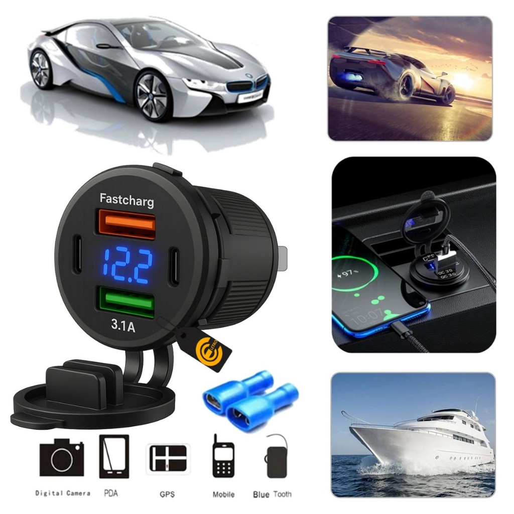 Tomada Carregador Veicular USB-A/USB-C Universal DC5V 1A/2.1A DC 12V Compacto de Fácil Instalação