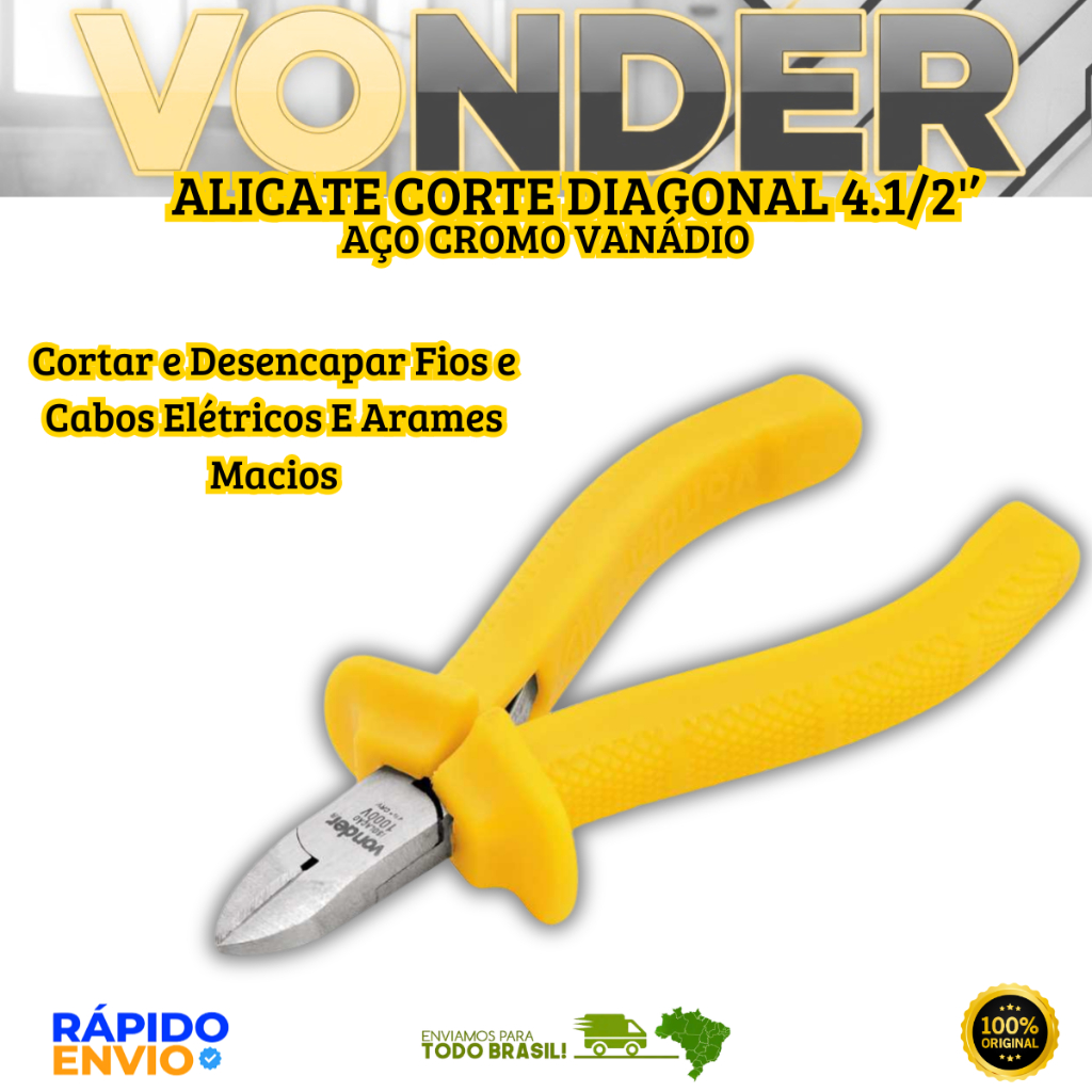 Alicate De Corte Diagonal Isolação1000v 4.1/2  Vonder Cortar e Desencapar Fios Cabos Oferta Premium