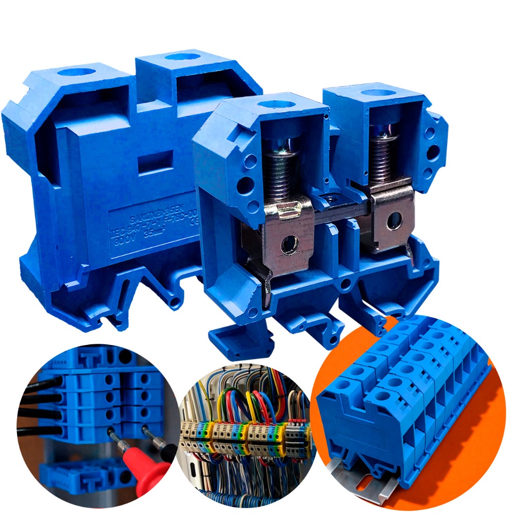 Kit 1x Borne Sak Neutro Conector de Passagem 35mm azul SAKI Elétrico Fixação Trilho Din