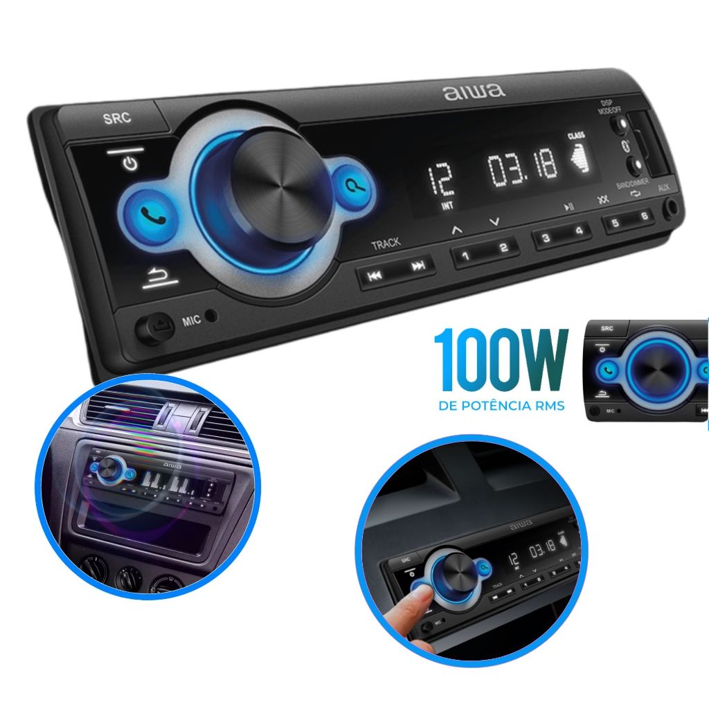 AUTO RÁDIO MP3 AIWA 1 DIN USB BLUETOOTH COMANDO VOLANTE RÁDIO FM 4X25W