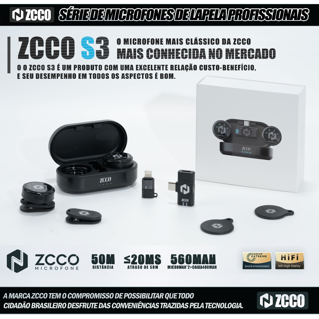 ZCCO S3 Microfone Sem Fio Duplo Magnética Para iPhone/type-c/android em Oferta na Shopee
