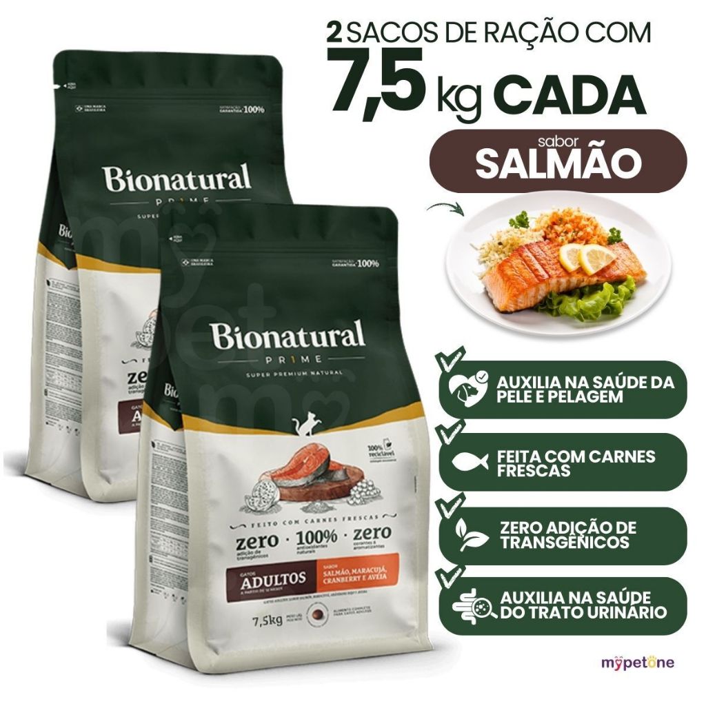 2 Ração Bionatural Prime Gatos Adultos Salmão 7,5kg Premium Nutrição Completa