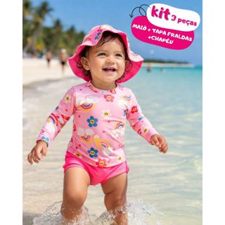 Kit Praia Bebê Infantil 3 Peças com Proteção Solar UV50+ Manga Longa Tapa Fralda Chapéu em Oferta na Shopee
