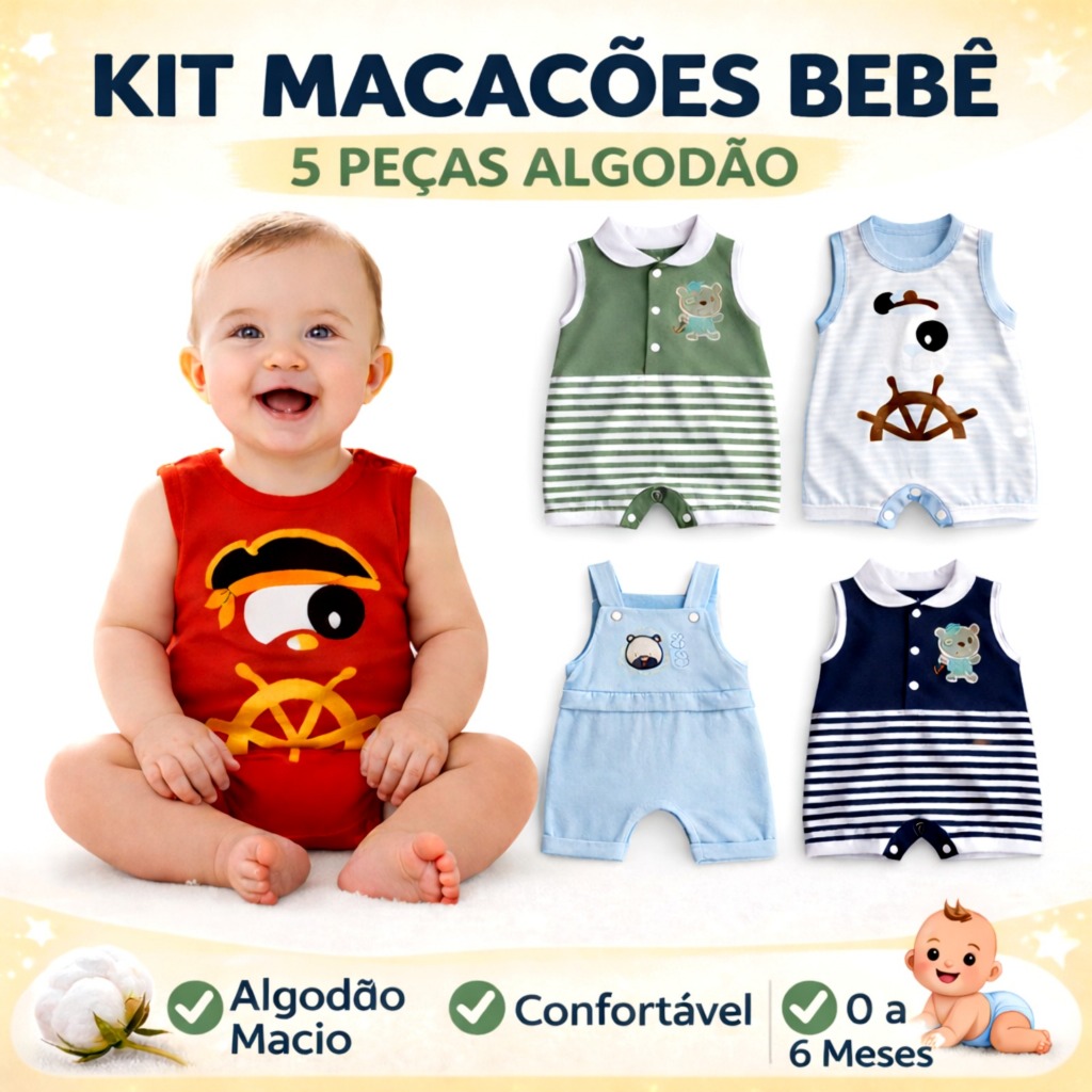Kit 5 Macacões Bebê Menino Algodão Antialérgico Roupa Bebê RN 0 a 6 Meses Enxoval Bebê