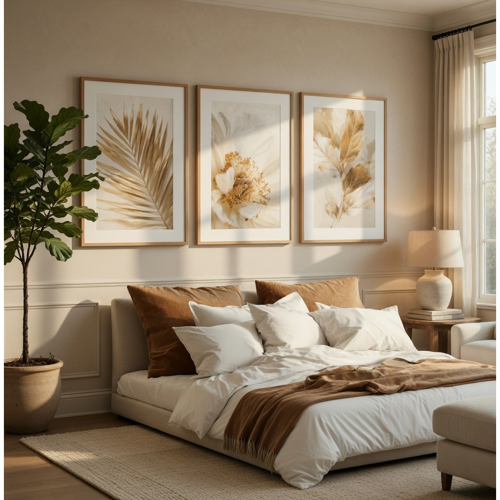 Comprar Kit 3 peças Quadros Decorativos 40x60 Para Quarto Casal Folhagem follha dourada