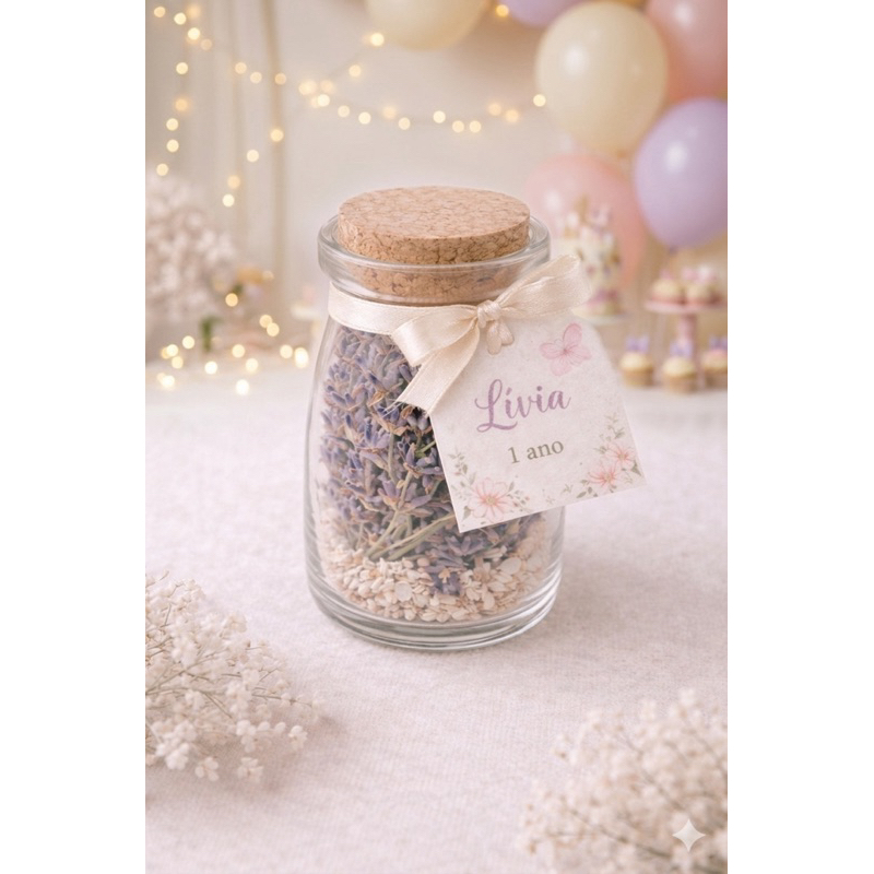 Lembrancinha Personalizada em Vidro com Lavanda – Aniversário, Batizado ou Maternidade
