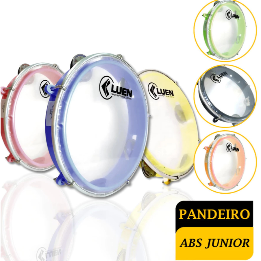 Pandeiro 8” Polegada ABS Junior Garra Fixa Pele Cristal 5 Afinadores Luen 40084 Full Copa do Mundo Brasil