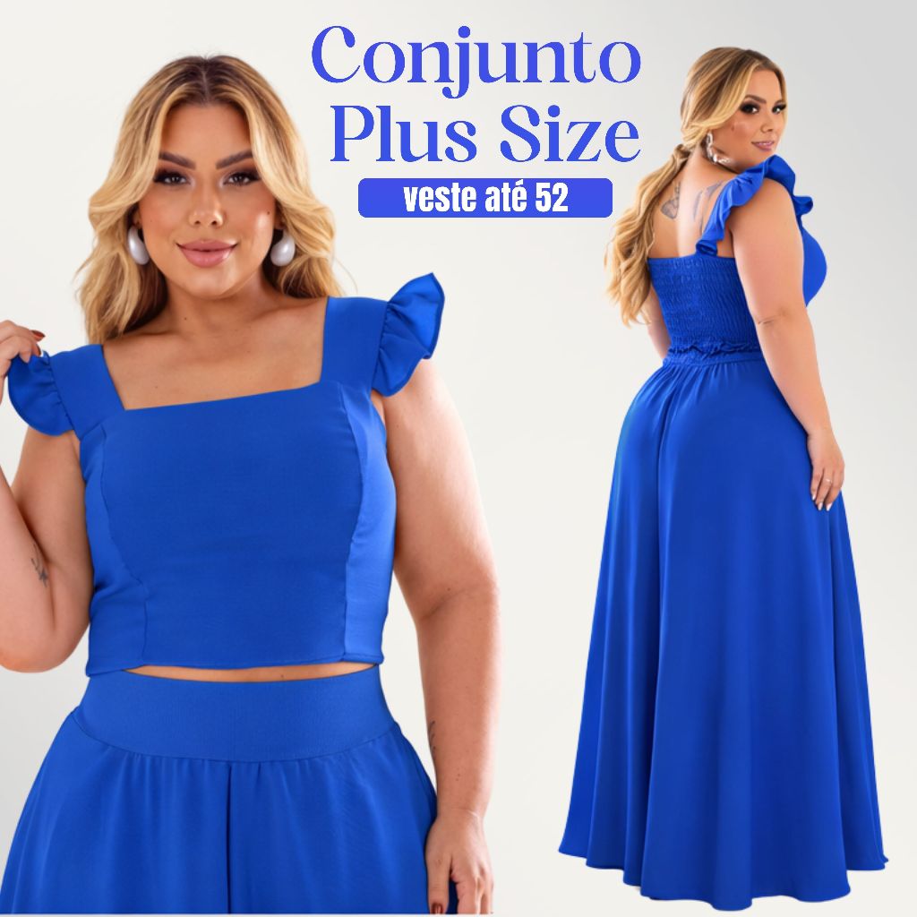 Conjunto Feminino Plus Size Saia Longa Godê e Cropped Alça Babado Crepe Duna Festa Elegante 46 ao 52