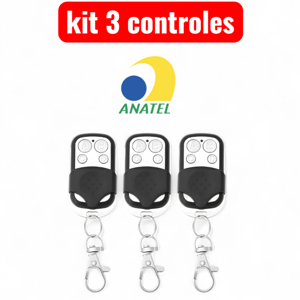 Kit com 3, 2 e 1 Controle Remoto Universal para Portão Elétrico Eletrônico Garagem com Chaveiro 433mhz 4 Botões