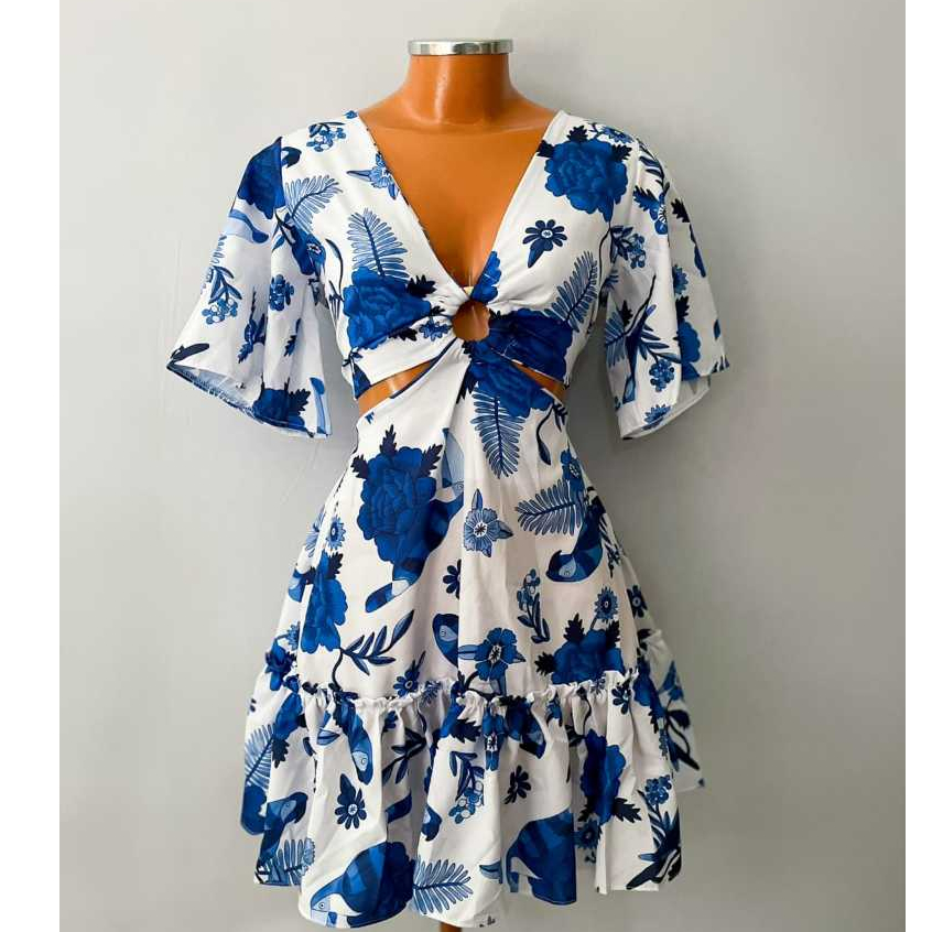Vestido Elisa Feminino Estampa Tropical Decote V Aro Central Elegante Verão