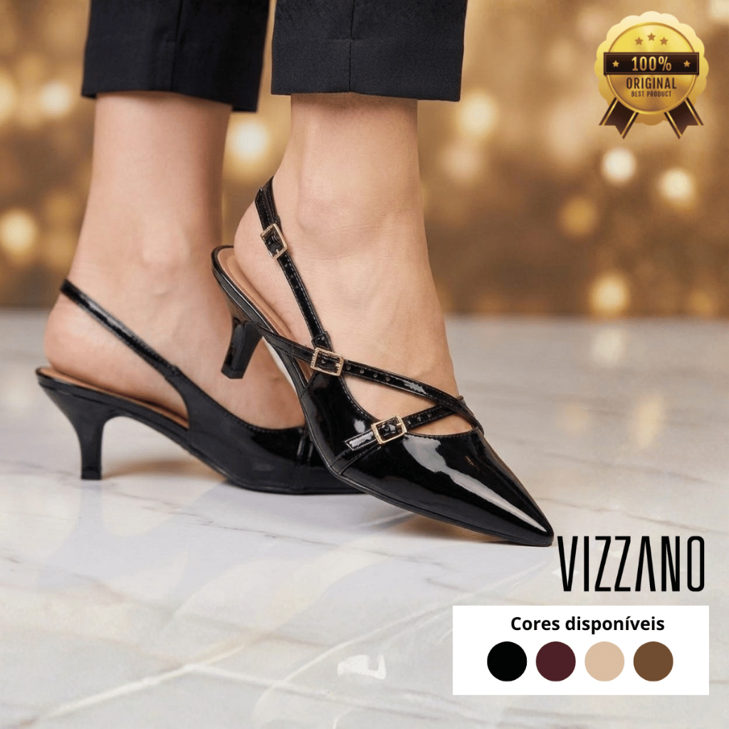Scarpin Slingback Vizzano Feminino Salto Baixo Fivelas Casual Bico Fino Verniz Elegante Original