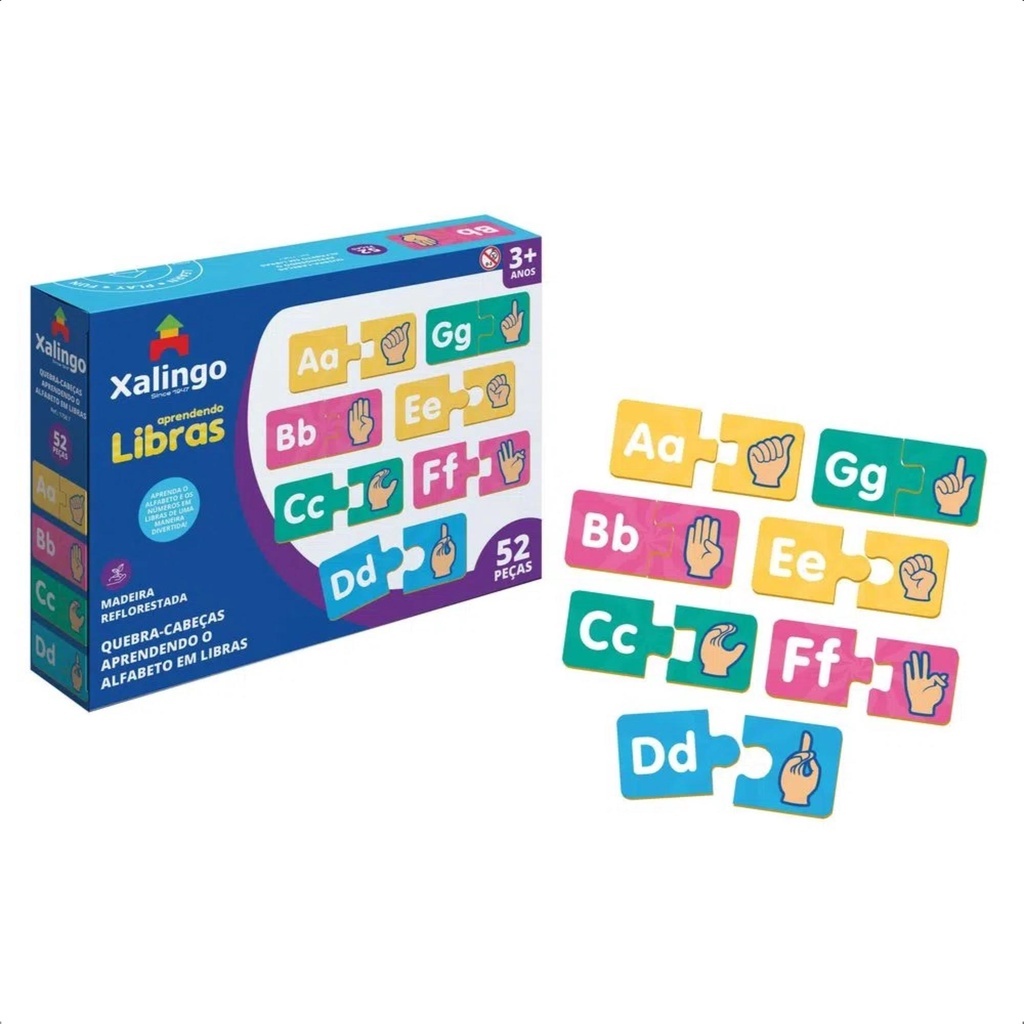 Jogo Quebra-Cabeça Infantil Aprendendo o Alfabeto em Libras com 52 Peças - Xalingo 17587 EDUCATIVO MADEIRA PEDAGOGICO