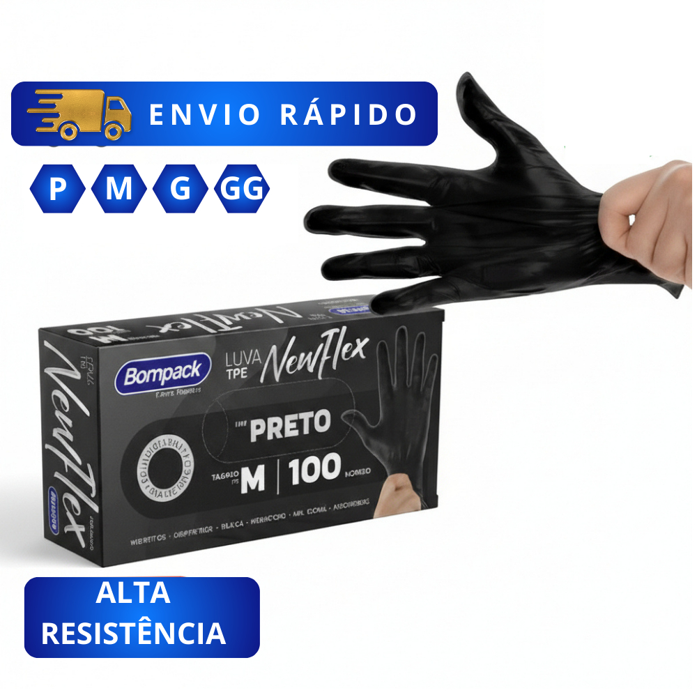 Luva Preta Descartável Sem Pó TPE Alta Resistência Churrasco Clínicas Cuidado Limpeza Alimentos