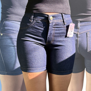 Bermuda Meia Coxa Jeans Feminina Lycra Empina Bumbum Cintura Alta barra normal  escuro em Oferta na Shopee