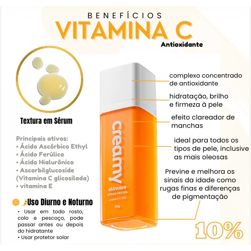 Vitamina C Creamy Sérum Facial Antioxidante Ilumina Uniformiza a Pele Anti Manchas Skincare 30g