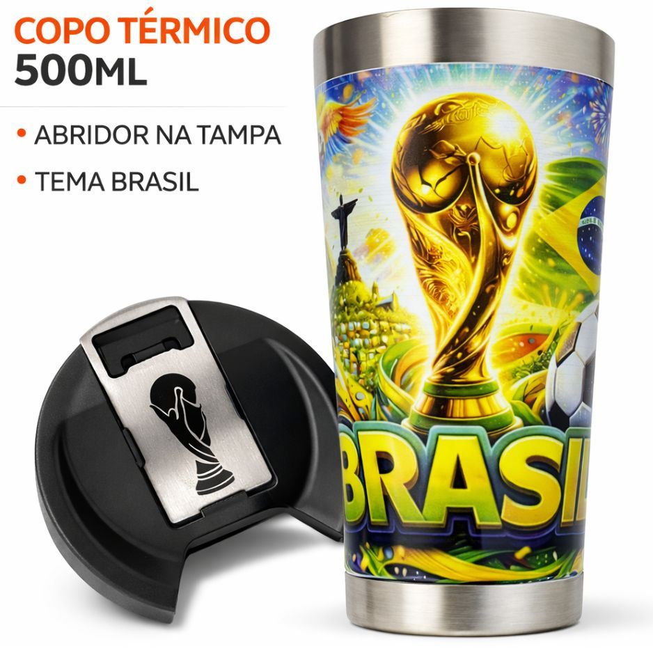 Copo Térmico Brasil 500ml Inox Tampa com Abridor Futebol Copa Cerveja Gelada Bebida Térmica Torcedor em Oferta na Shopee