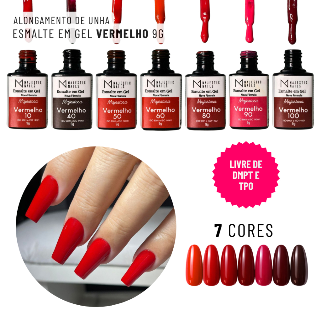 Esmalte em GEL Vermelho (7 cores) Alongamento de unha, Sem TPO, 9g Majestic Nails em Oferta na Shopee