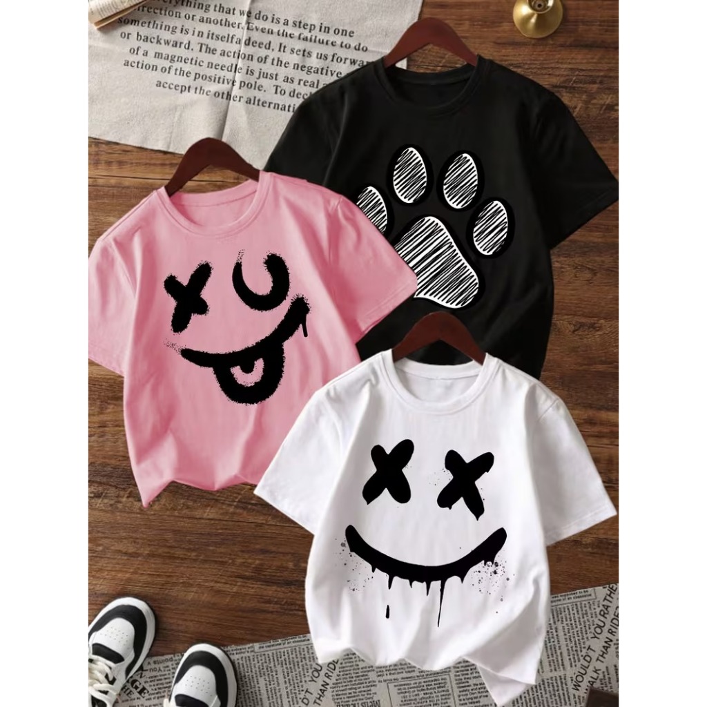 Conjunto Roupa Infantil 3 Camisetas Moda Streetwear Kids Estampas Vintage Unissex Algodão Blusa