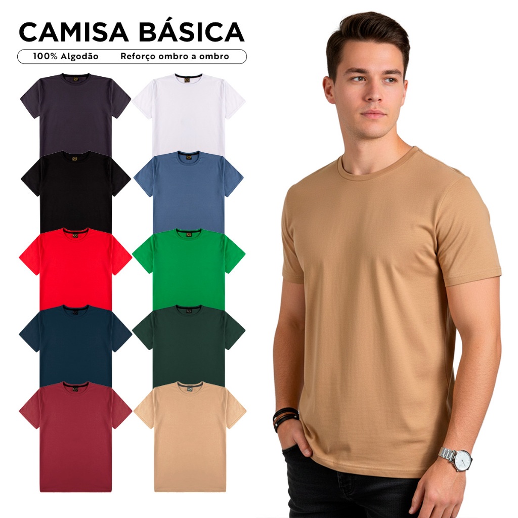 Kit 4 Camisetas Masculinas Básicas 100% Algodão Conforto Durabilidade Reforço Ombro a Ombro Dia a Dia Estilo Casual