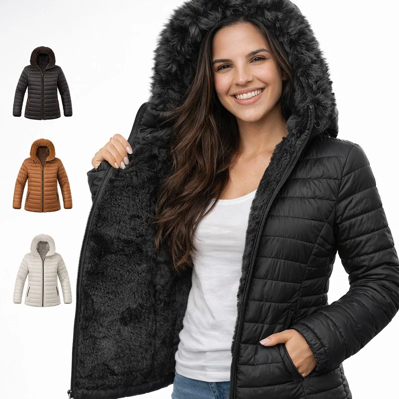 Jaqueta Bobojaco Feminina Puffer Forrada Peluciada Original Capuz Removível Casaco de Frio Gominho Plus Size