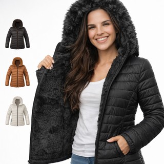 Jaqueta Bobojaco Feminina Puffer Forrada Peluciada Original Capuz Removível Casaco de Frio Inverno Gominho Plus Size