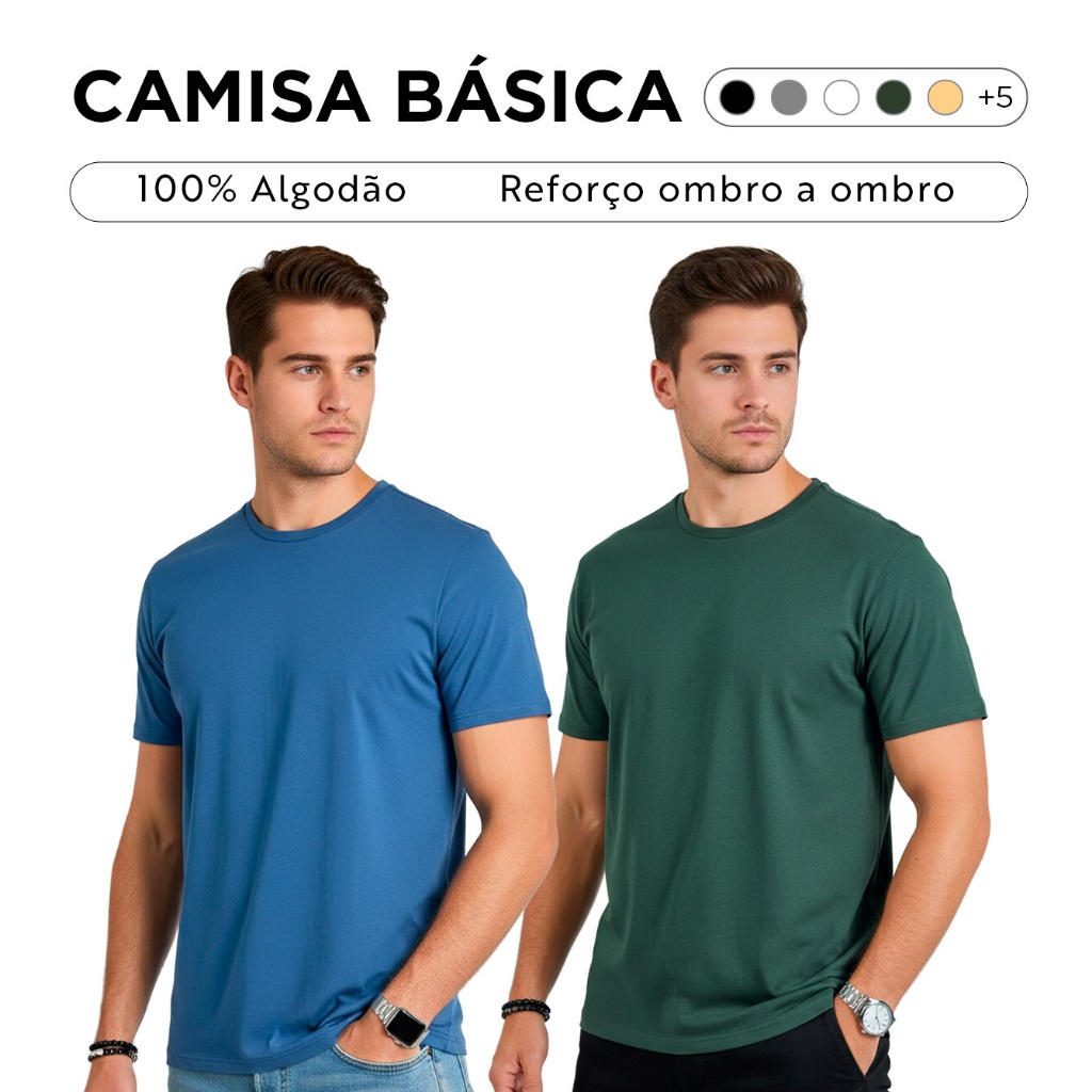Kit 2 Camisetas Básicas Masculinas Sortidas 100% Algodão Premium Slim Leves Confortáveis Casual em Oferta na Shopee