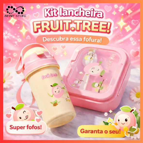 Kit Lancheira Escolar Infantil Marmita Fruit Tree Bento Box com Divisórias Compacta Prática LFH-61283
